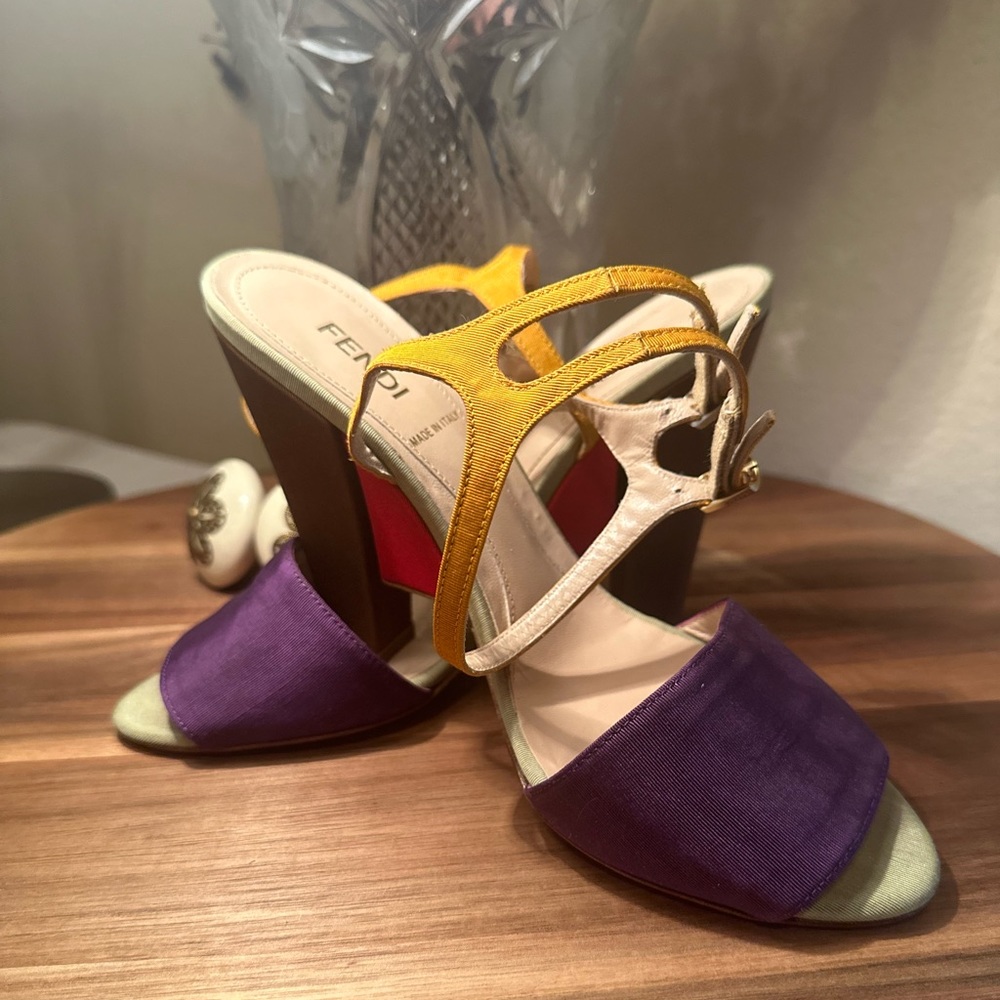 Fendi Multicolor Canvas Ankle Strap Block Heel Sandals Size 37